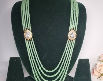 Indian Pakistani mint green Layered  Mala With Gold motif and white stone