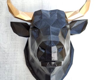 Bull Head Faux Taxidermy-Big wall Trophy mount-Wall Art Painted and Finished Black-Gold-Wall Decor,Geometric Bull hanger Faux taxidermy 3d