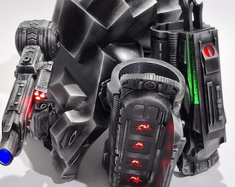 Predator Set of 3 MEN'S SIZE Backpack with Cannon and Left + Right Gauntlets all with Led Lights,Finished in Black Weathered paint realistic