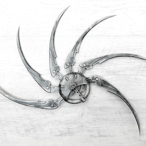 Könnte beinhalten: Graustufen-Illustration eines mechanischen, sternförmigen Objekts. Es hat eine zentrale kreisförmige Nabe mit komplizierten Details und sechs gebogenen, klingenartigen Armen, die sich nach außen erstrecken. Das Kunstwerk hat ein metallisches Aussehen.