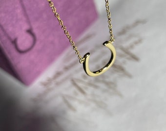 Letter U Lucky Horseshoe Necklace 18K Yellow Gold over Sterling Silver