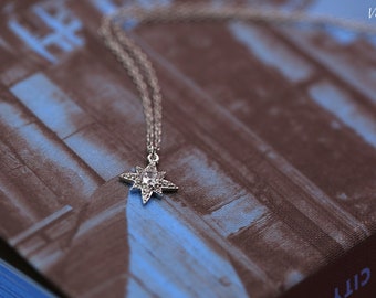 Pave Starburst Necklace, Stackable Necklace, 18K White Gold Over Sterling Silver