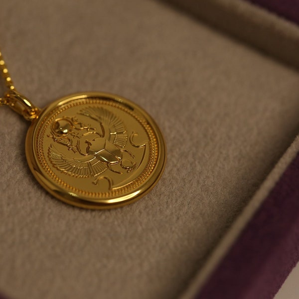 Collier de pièces de monnaie de créateur, signature scarabée néo-égyptien en or 18 carats sur argent sterling