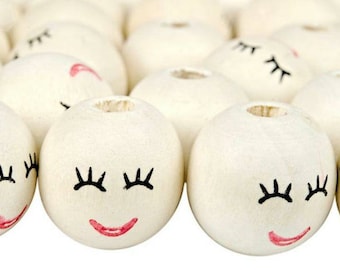 WOODEN BEADS closed eyes face 18 mm Set of 5