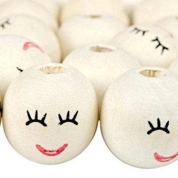 WOODEN BEADS closed eyes face 18 mm Set of 5