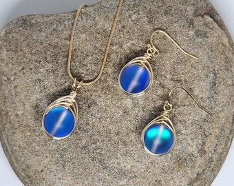 Blue Mermaid Glass Jewelry Set: Gold Necklace and Earrings