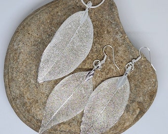 Real Leaf Jewelry Set, Sterling Silver Coated Leaf Earrings and Pendant, Boho Jewelry Set, Statement Jewelry Set, Gift for Her, Gift for Mom