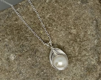 Natural Freshwater Pearl Pendant; Silver Wire Pendant; Bridal Jewelry; Wedding Jewelry; Wire Wrapped Pearl; Handmade Pendant; Pearl Jewelry