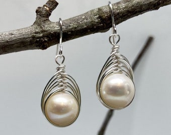 Natural Freshwater Pearl Earrings; Silver Wire Earrings; Bridal Jewelry; Wedding Jewelry; Wire Wrapped Earrings; Handmade Earrings