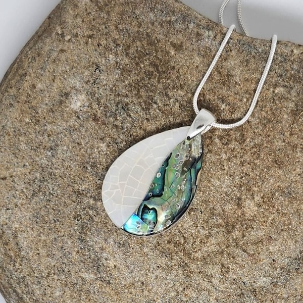 Abalone Shell and Mother of Pearl Mosaic Teardrop Statement Pendant, Sterling Silver Upgrade Available, Stone of Enhanced Calm and Peace