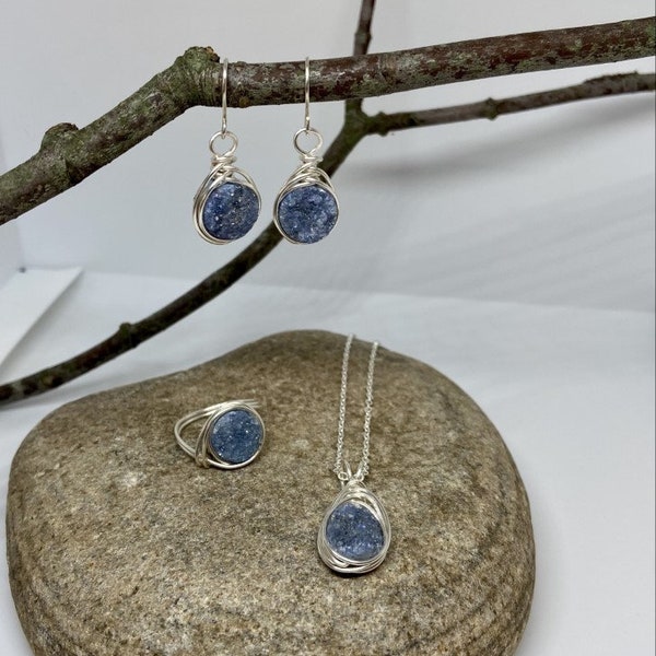 Blue Druzy Quartz Jewelry Set, Druzy Quartz Pendant, Earrings, Ring, Free Necklace Included, Necklace Gift, Stone of Peace and Tranquility