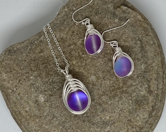 Purple Mermaid Glass Jewelry Set; Mermaid Glass Necklace and Earrings; Jewelry Gift; Silver Jewelry; Purple Jewelry; Gifts For Her