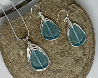 Turquoise Sea Glass Jewelry Set, Plated Silver Pendant Necklace Earrings