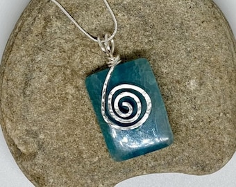 Colored Agate Semi Precious Stone Pendant with Hand Hammered Silver Wire Accent, Necklace Gift, Free Necklace Included; Stone of Harmony