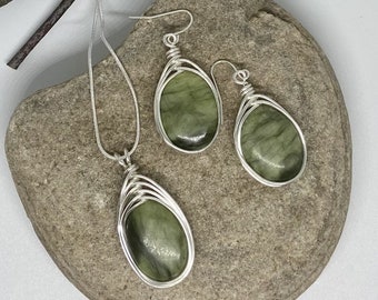 Irish Connemara Marble Jewelry Set: Sterling Silver Necklace & Earrings