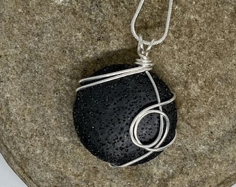 Black Lava Stone Aromatherapy Diffuser Necklace, Minimalist Silver Wire Wrapped Pendant