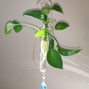 May include: A hanging glass terrarium with a green plant and a blue crystal teardrop pendant. The terrarium is made of a clear glass tube and is suspended from a copper wire frame.