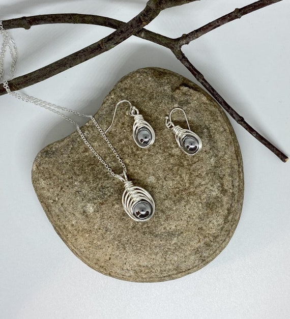 Silver Hematite Jewelry Set, Protective Stone, Sterling Silver Ear Wires