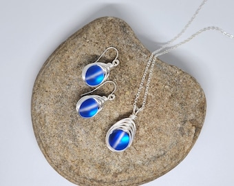 Blue Mermaid Glass Jewelry Set, Sterling Silver Necklace and Earrings