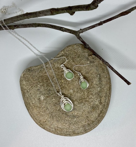 Aqua Sea Glass Jewelry Set, Sterling Silver Necklace and Earrings
