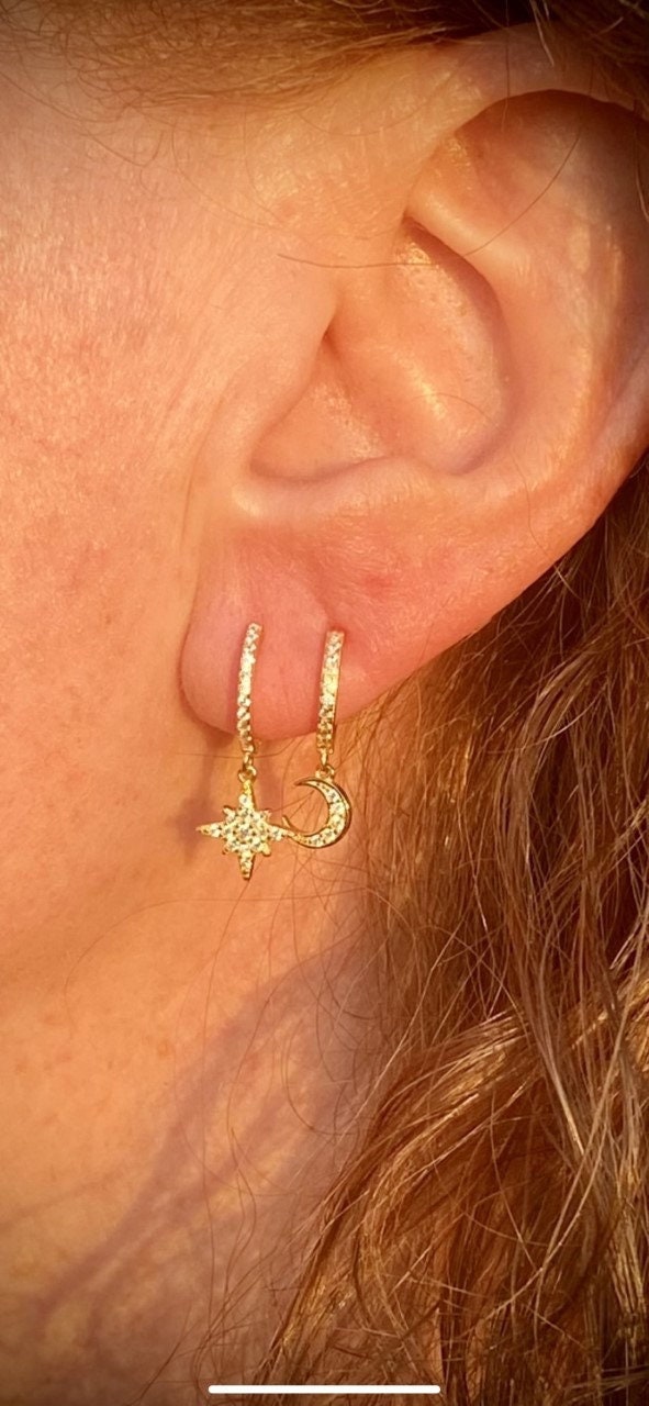 Moon and Stars Huggie Earrings; 18K Gold Dangle Earrings; Celestial Earrings; Minimalist Earrings; Sterling Silver Moon and Stars Earrings
