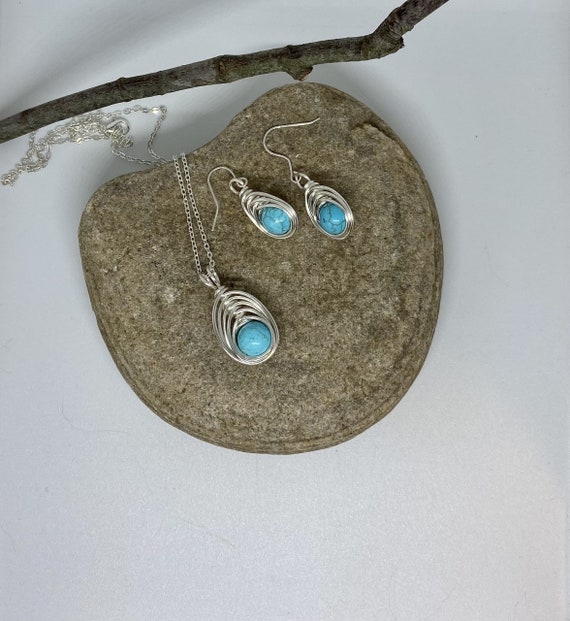 Natural Turquoise Pendant and Earrings Set: Silver Herringbone Jewelry