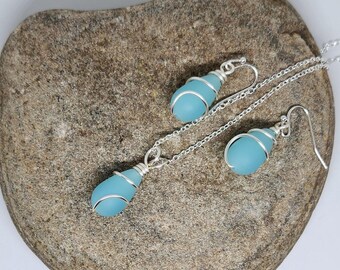 Opaque Sea Blue Sea Glass Jewelry Set, Beach and Vacation Jewelry Set
