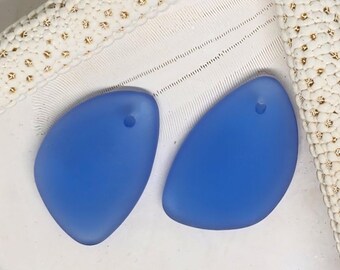 Sea Glass Beads - Frosted Periwinkle Aqua Large Freeform Top Drilled Seaglass Pendant Beads Flat on One Side - 25mmx16mm - 2pc