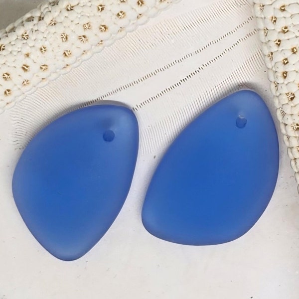 Sea Glass Beads - Frosted Periwinkle Aqua Large Freeform Top Drilled Seaglass Pendant Beads Flat on One Side - 25mmx16mm - 2pc