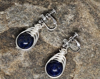 Clip-On Genuine Lapis Lazuli Dangle Earrings; Non-Pierced Gemstone Earrings
