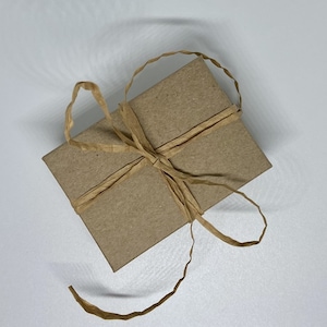 Op de afbeelding: Een bruine papieren cadeaudoos gebonden met een bruine touw strik.