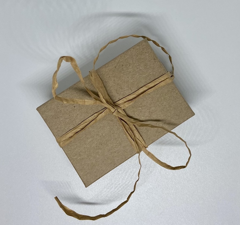 Op de afbeelding: Een bruine papieren cadeaudoos gebonden met een bruine touw strik.