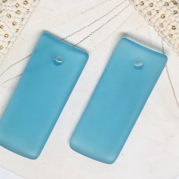 Sea Glass Beads - Frosted Turquoise Curved Long Rectangle Cultured Sea Glass Pendants - 35x14mm - 2pc