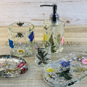 5pc bathroom accessories set - real flowers, silver leaf, enamel bee - soap dish dispenser toothbrush holder trinket pot storage tray - bees