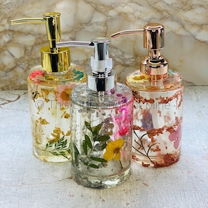 Beautiful bathroom accessories - real flowers, gold leaf, enamel bee or butterfly - soap dispenser pump bottle