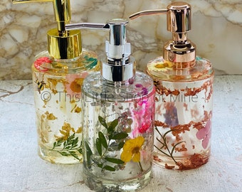Beautiful bathroom accessories - real flowers, gold leaf, enamel bee or butterfly - soap dispenser pump bottle