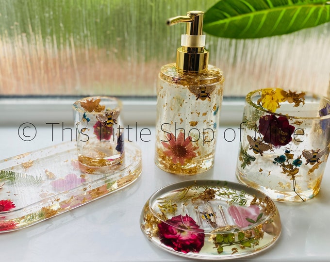 5pc Bathroom Accessories Set Real Flowers Gold Leaf Enamel - Etsy UK