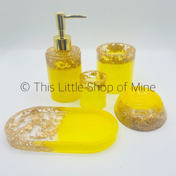 Vibrant yellow and gold bathroom accessories soap dish dispenser large pot toothbrush holder trinket pot set