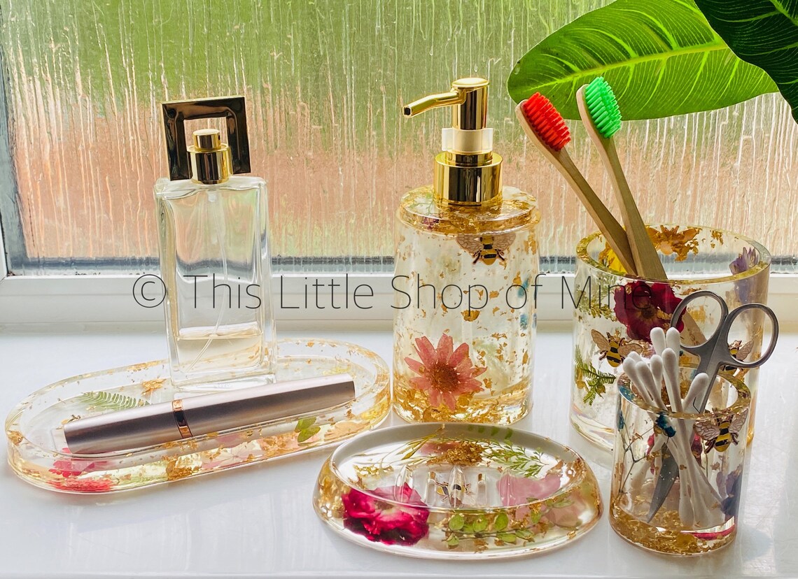 Beautiful bathroom accessories set real flowers gold leaf Etsy