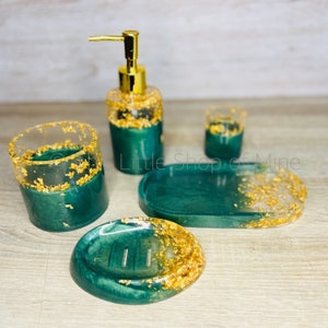 Green and gold bathroom accessories soap dish dispenser large pot toothbrush holder trinket pot set