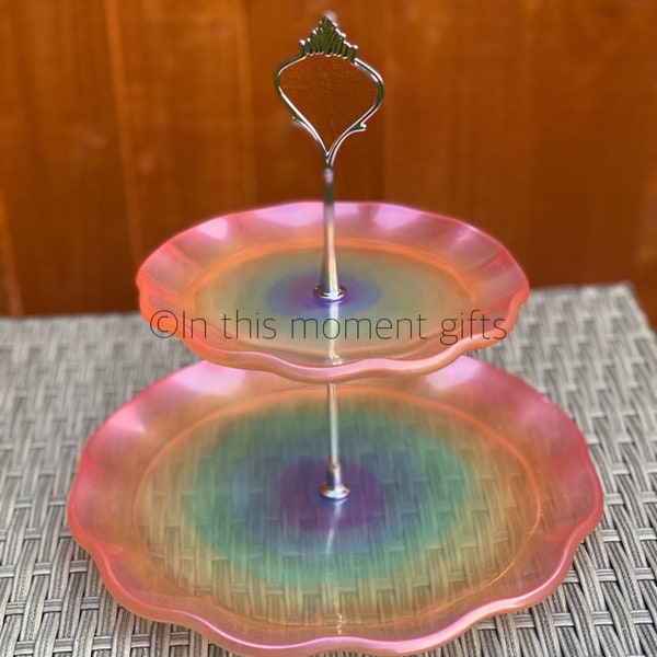 Classic 2 tier cake stand - ombré rainbow - silver tone handle - perfect and unique gift - serving tableware - Resin