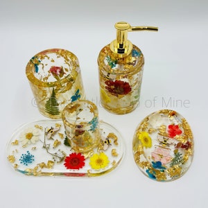 5pc bathroom accessories set - real flowers, gold leaf, enamel bee - soap dish dispenser toothbrush holder trinket pot storage tray - bees