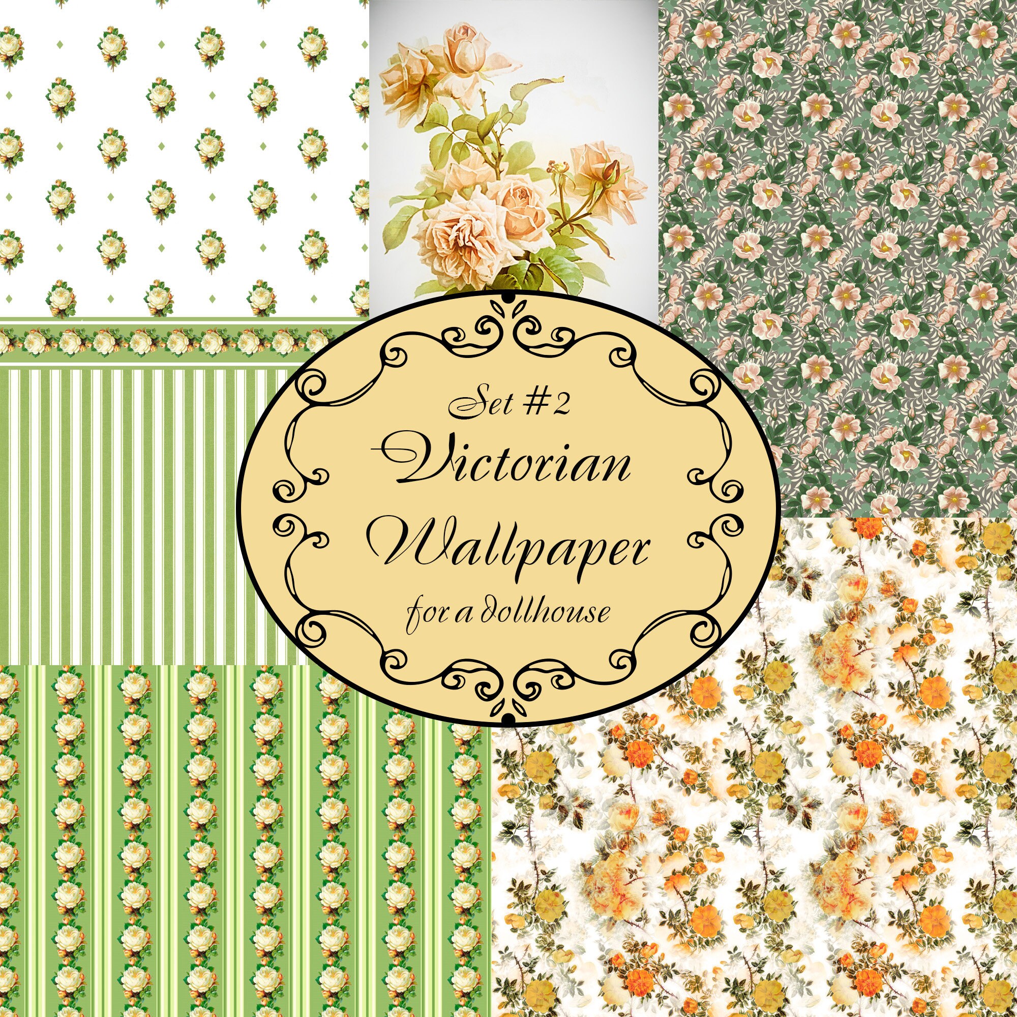 Victorian dollhouse wallpaper digital paper green roses Etsy