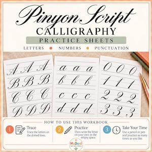 以下が含まれることがあります： Pinyon Scriptのカリグラフィー練習シート。大文字、小文字、数字が記載されています。白い紙にはなぞり書き用の点線と、自分で書くための空白スペースがあります。下部にはワークブックの使用方法が説明されています。
