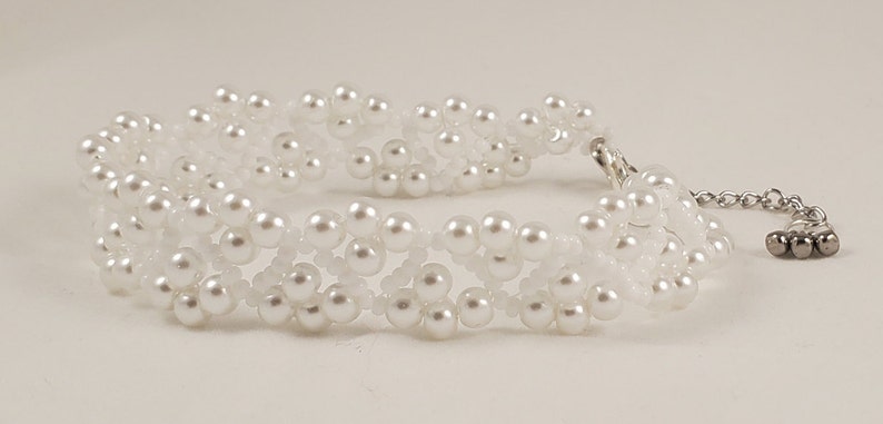 Elegant Handmade White Pearl Wedding Bracelet with Dangle Charms