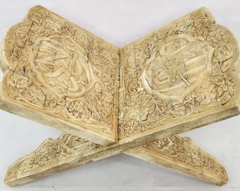 Rare handmade camel bone quran stand rehal inscribed quran verses