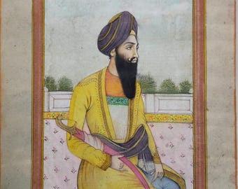 High quality sikh school mughal miniature painting on paper of sikh guru