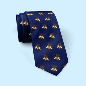 Navy Blue Bee Tie, Bees Necktie, Honeybee Ties, Bumble Bee Animal Insect Embroidered Neckties, Gift For Men, Beekeepers Gift