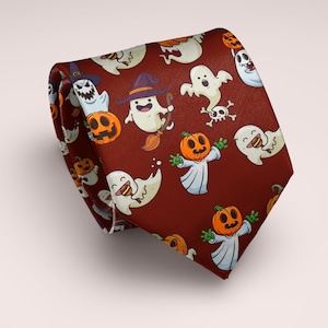 Halloween Ghost Tie, Pumpkin Necktie, Spooky Fall Men Tie, Funny Halloween Costume Accessory, Ghost Pumpkin Skeleton Tie, Dad Halloween Gift
