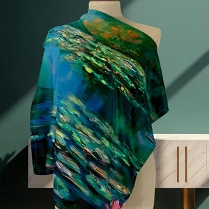 Monet Water Lilies Scarf, Impressionist Floral Wrap, Claude Monet Lily Pond Shawl, Artistic Blue Green Scarf, Painterly Wrap, Elegant  Gift